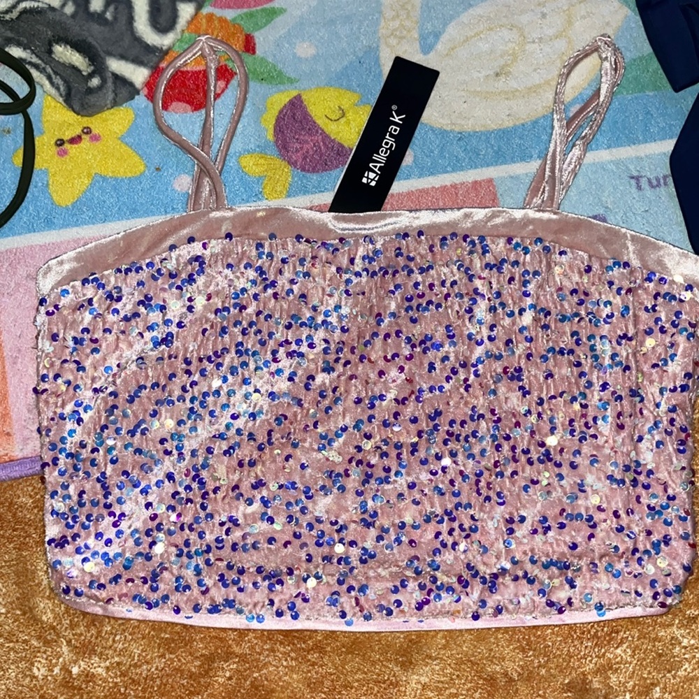 💌❣️NWT Allegra K Sequin Velvet Crop Cami Spaghetti Strap Sz Small - Picture 8 of 8